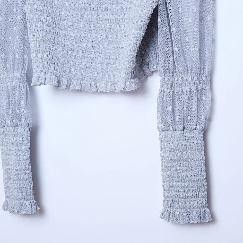 Free People Intimately Sheer Puff Long Sleeve Crop Top Romantic Coquette Grey L